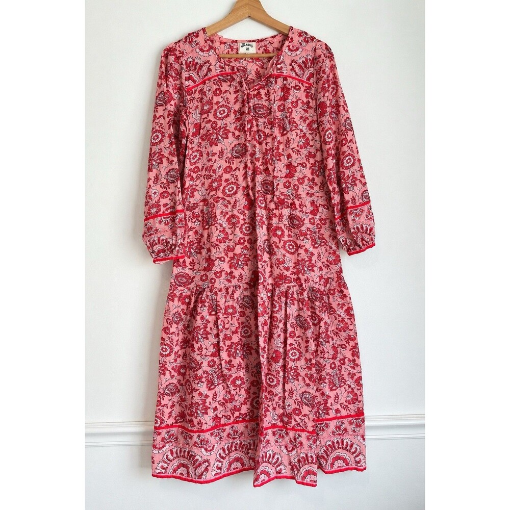 Billabong Women’s Floral Boho Midi Dress Pink Red Long Sleeve Tiered Size XS